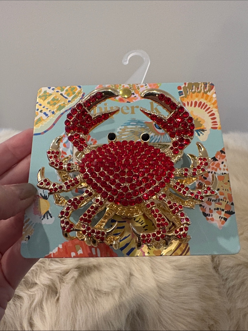 Piper K Crab Metal Hair Clip - Red Rhinestones and Gold Tone